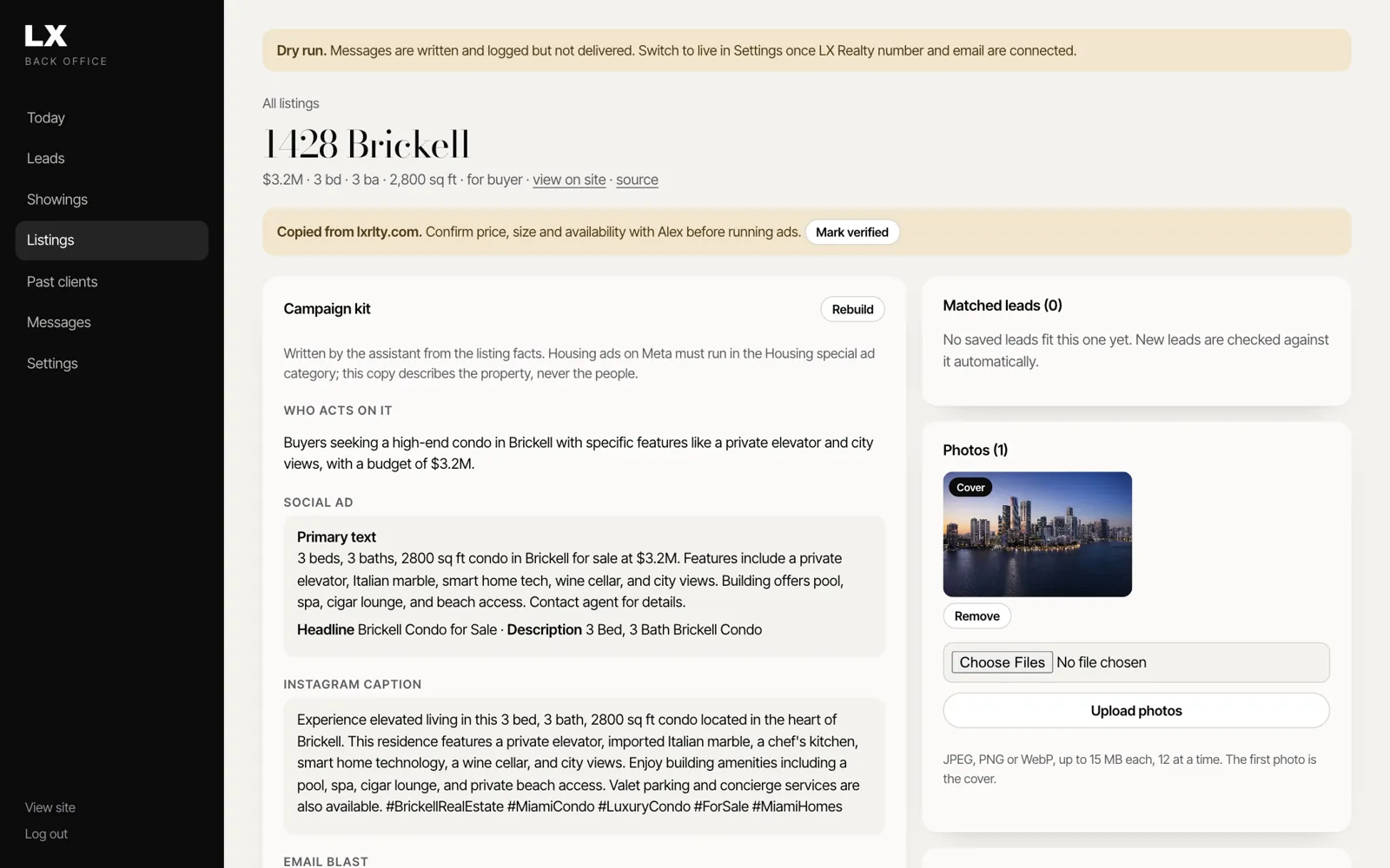 A listing's ad kit in the back office