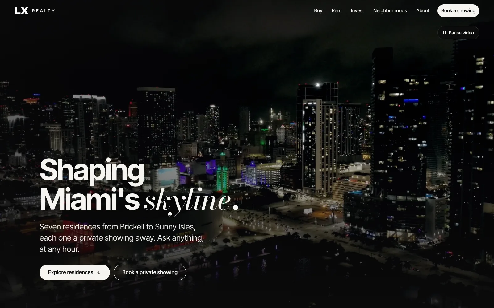 Home page: real night footage of downtown Miami under Shaping Miami's skyline