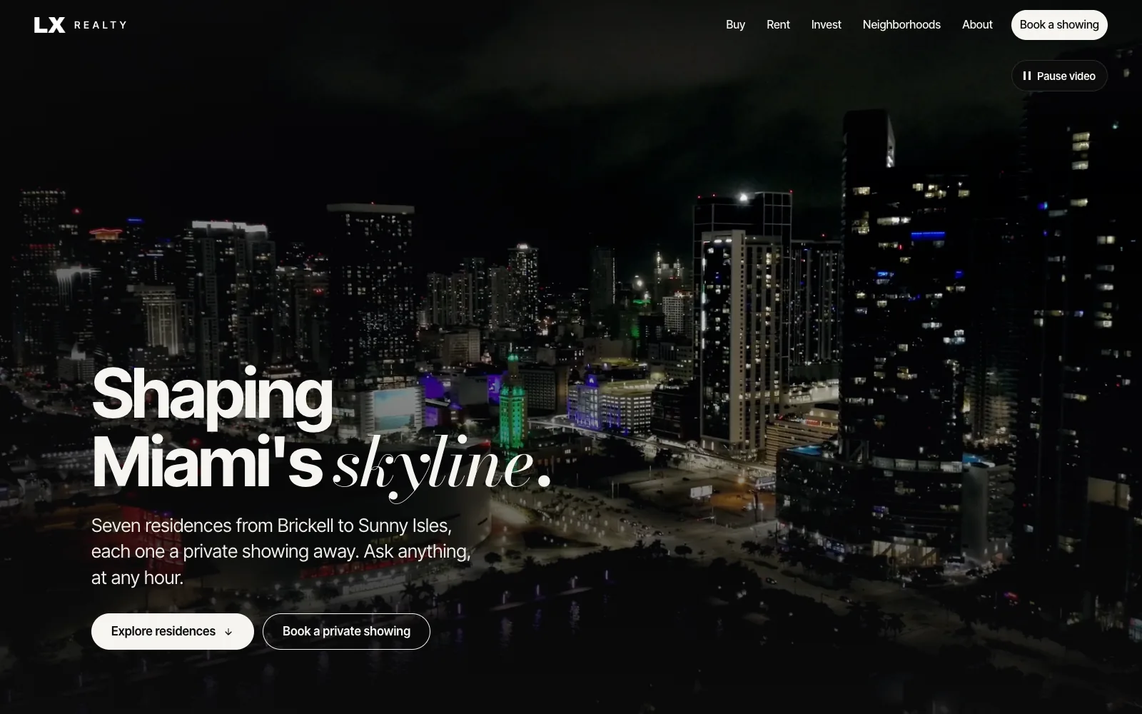 The LX Realty home page: real aerial footage of downtown Miami at night