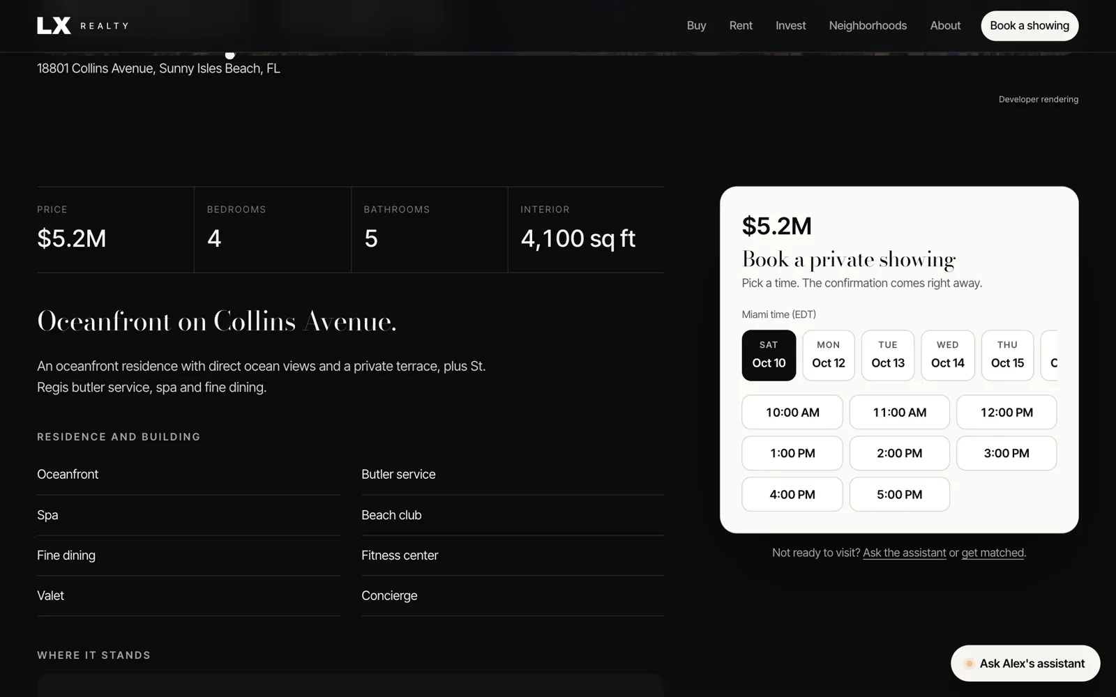 A residence page with the private showing booking panel